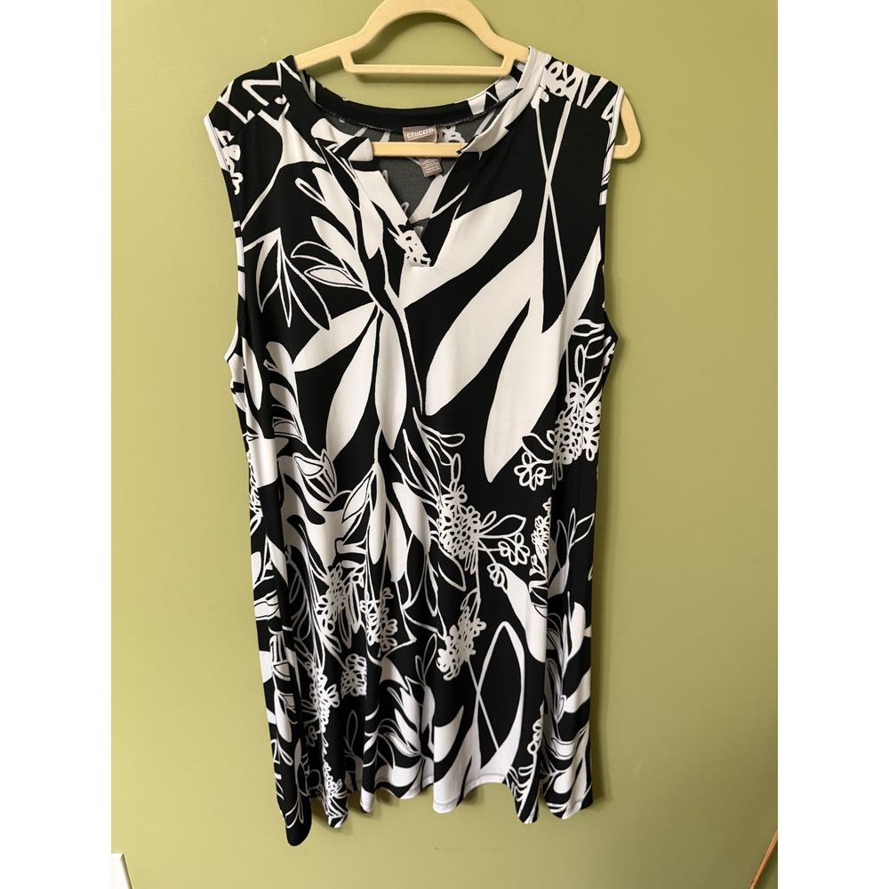Chicos Black White Floral Botanical Sleeveless Dress Size 3 XL Stretchy